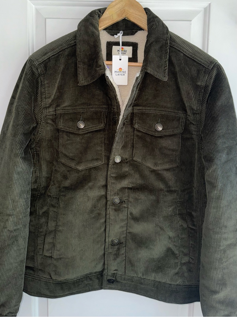Marine Layer NWT Boise Sherpa Lined Corduroy Trucker Jacket in “Forest Night”
